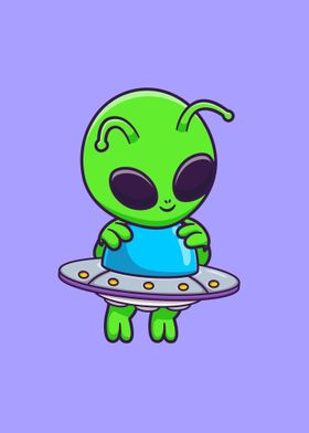 Cute alien flying with ufo