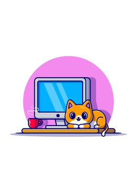 Cute cat and computer