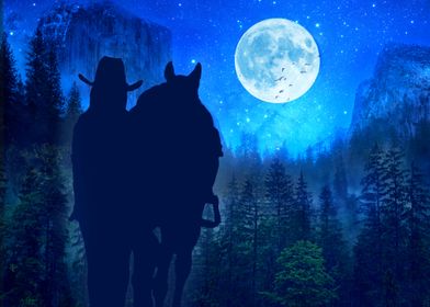 Cowgirl Moonlit Mountains