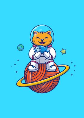 Astronaut cat holding fish