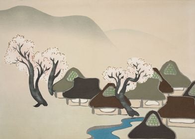 Village with cherry trees 