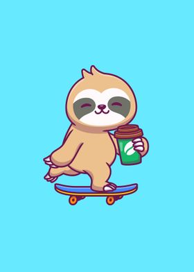 Cute sloth skateboarding