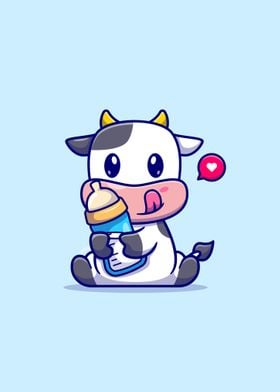 Cute baby cow holding milk