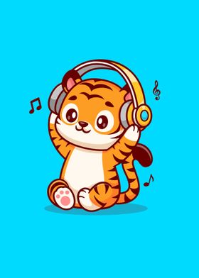 Cute tiger listening music