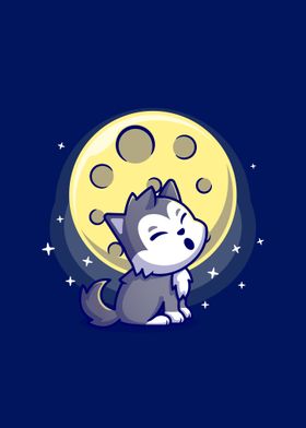 Cute wolf roar with moon