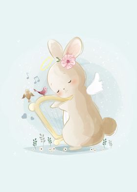 Cute Bunny Playing A Harp