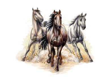 Three horses run