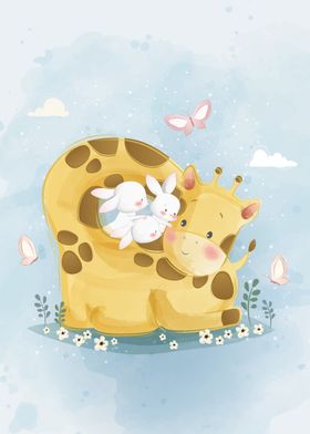 Cute Giraffe With Bunnies