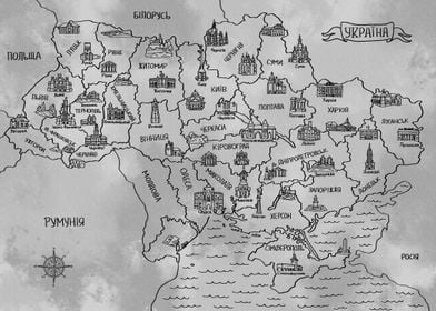 Ukraina Gray Vintage Map