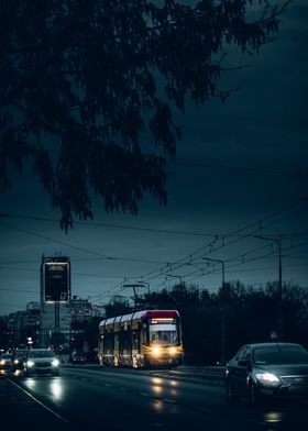 Tram and cars