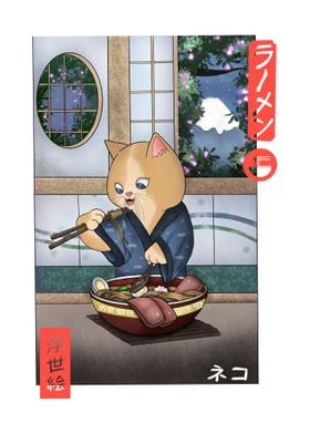 cat eating ramen japanese