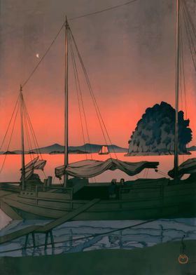 Ukiyo e Harbour Sunset