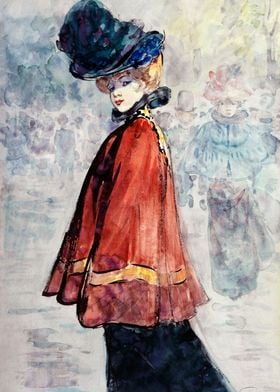 Elegant in red cape 1890