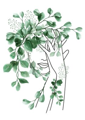 Woman with Leaves Line Art
