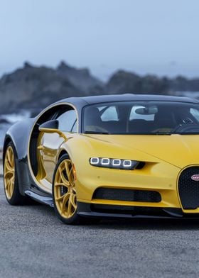 Yellow Bugatti Chiron sea