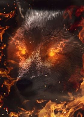 Framed Print Grey Wolf Coming from the Flames Picture Poster Fire Animal 