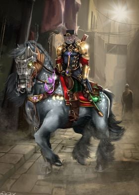 steampunk guard on horse