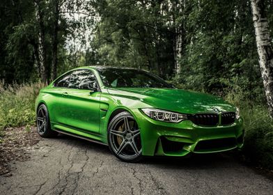 Green BMW M4 in forest