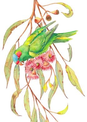 Green parrot and flowers