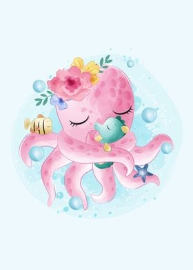 Cute Octopus With Seahorse