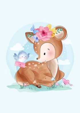 Cute Deer With Bird