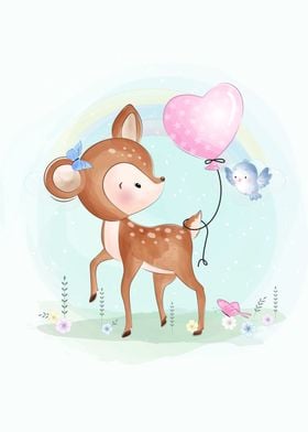 Cute Deer And Bird