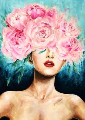 girl w flowers peonies art