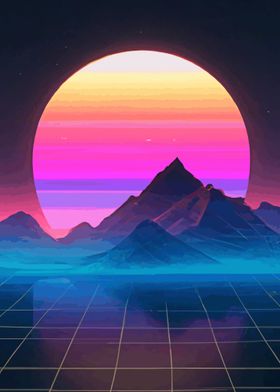 'Sunset Landscape Synthwave' Poster by nueman | Displate