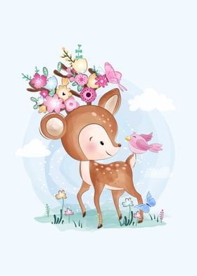 Cute Deer With Bird