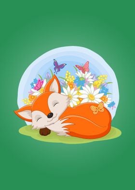 Cute fox sleeping on grass