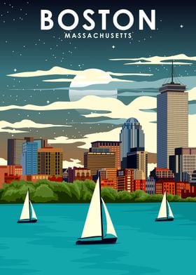 Boston at Night Travel Art