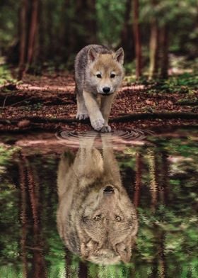 Wolf and pup water reflect