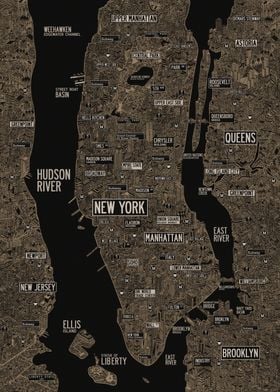 New York map black gold