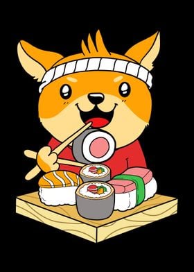 Shiba Dog Eating Sushi