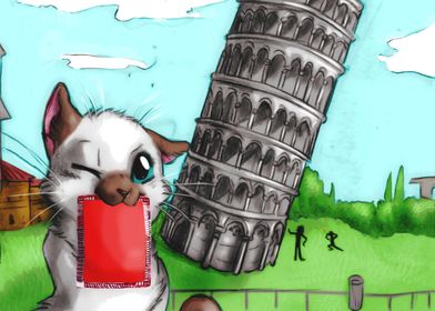 A cat and the Pisa Tower