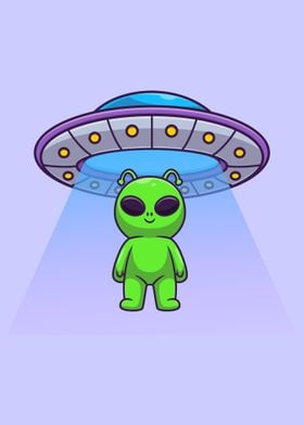 Cute alien flying with UFO