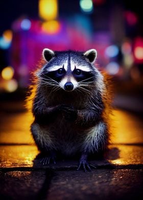 Raccoon in cyberpunk city