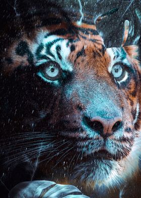 Blue eyed tiger under rain