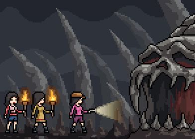 Pixel art scene skull cave