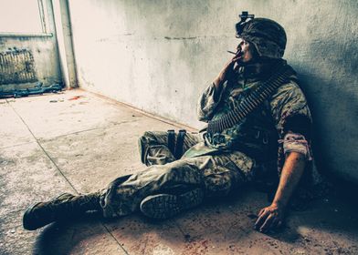 Wounded marine smoking