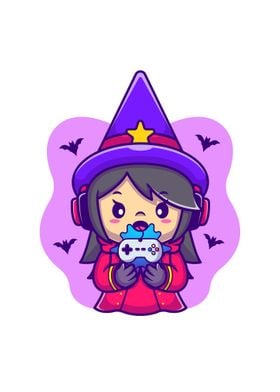 Cute female witch gaming