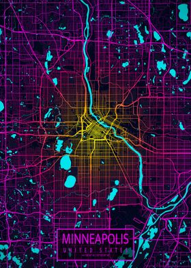 Minneapolis City Map Neon