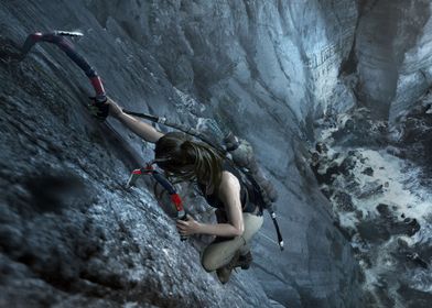 Lara Croft climbing ice ax