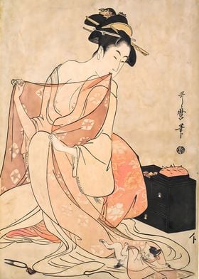 Ukiyo e Geisha with Kitten