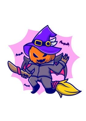 Cute witch pumpkin riding