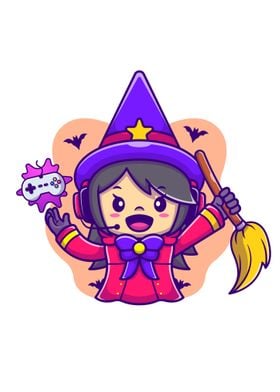 Cute female witch gaming