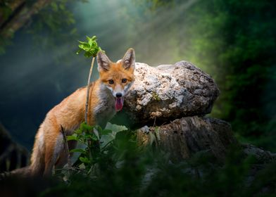 Young red fox in forest