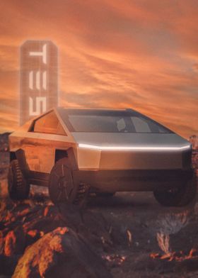 Tesla Auto Vorn auf einem Strand 3d Smashed View Wandtattoo Poster
