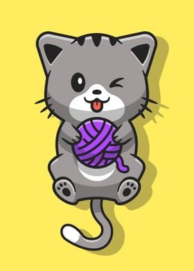 Cute cat playing yarn ball