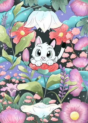 A Cat in The flower Garden